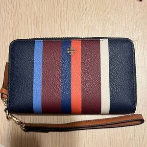 Tory Burch navy stripe wallet with wrist strap